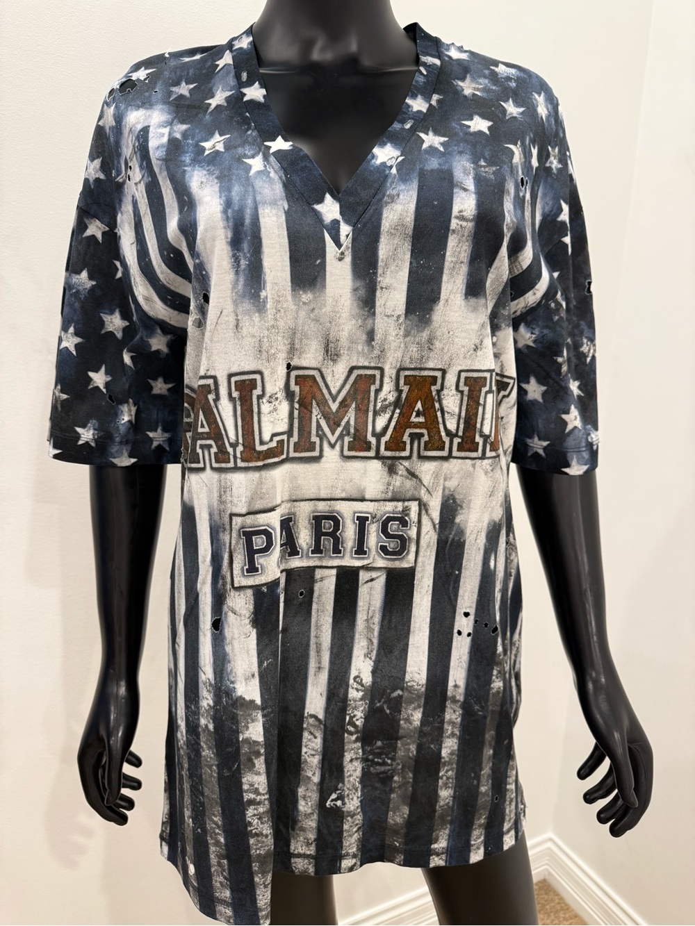 Balmain Paris Distressed American Flag Oversized T-Shirt Dress US Flag Tee FR 38